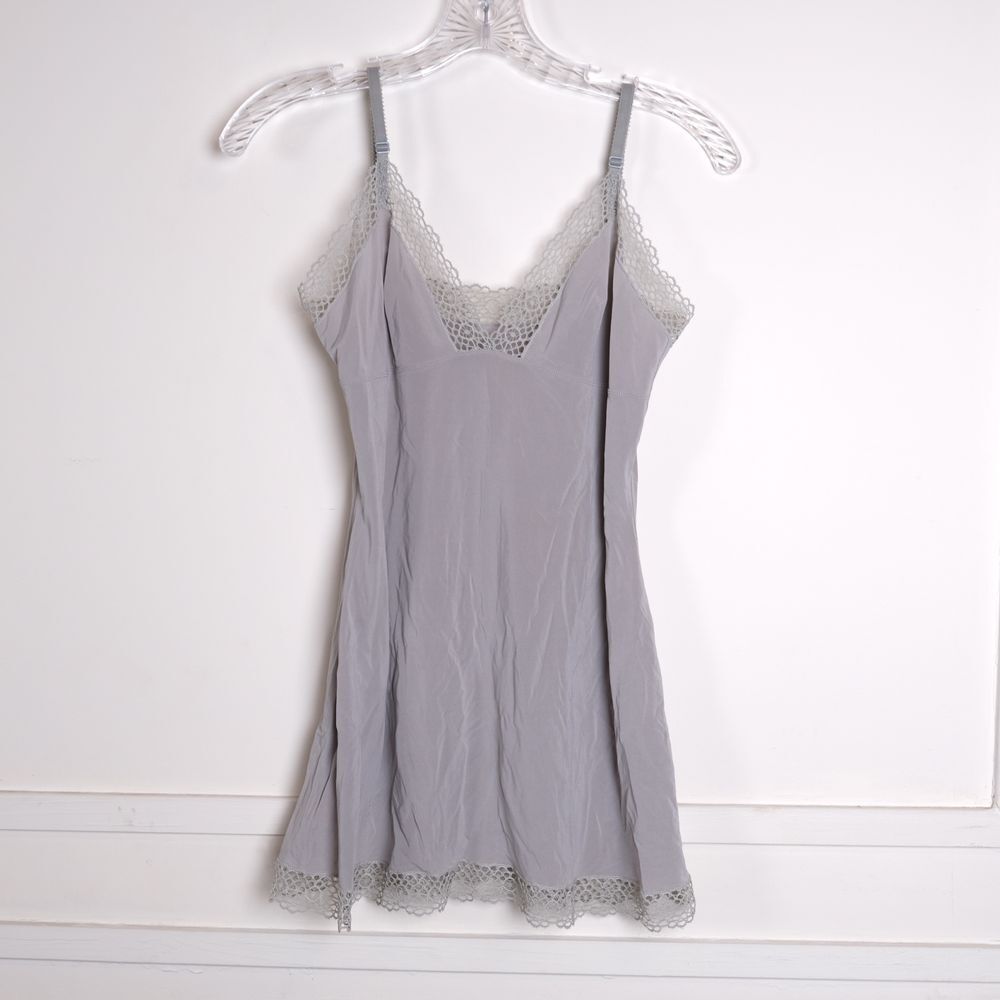 Eres Sz 12 Gray Crochet Lace Trim Satin Adjustable Strap Mini Slip Cami Nightie